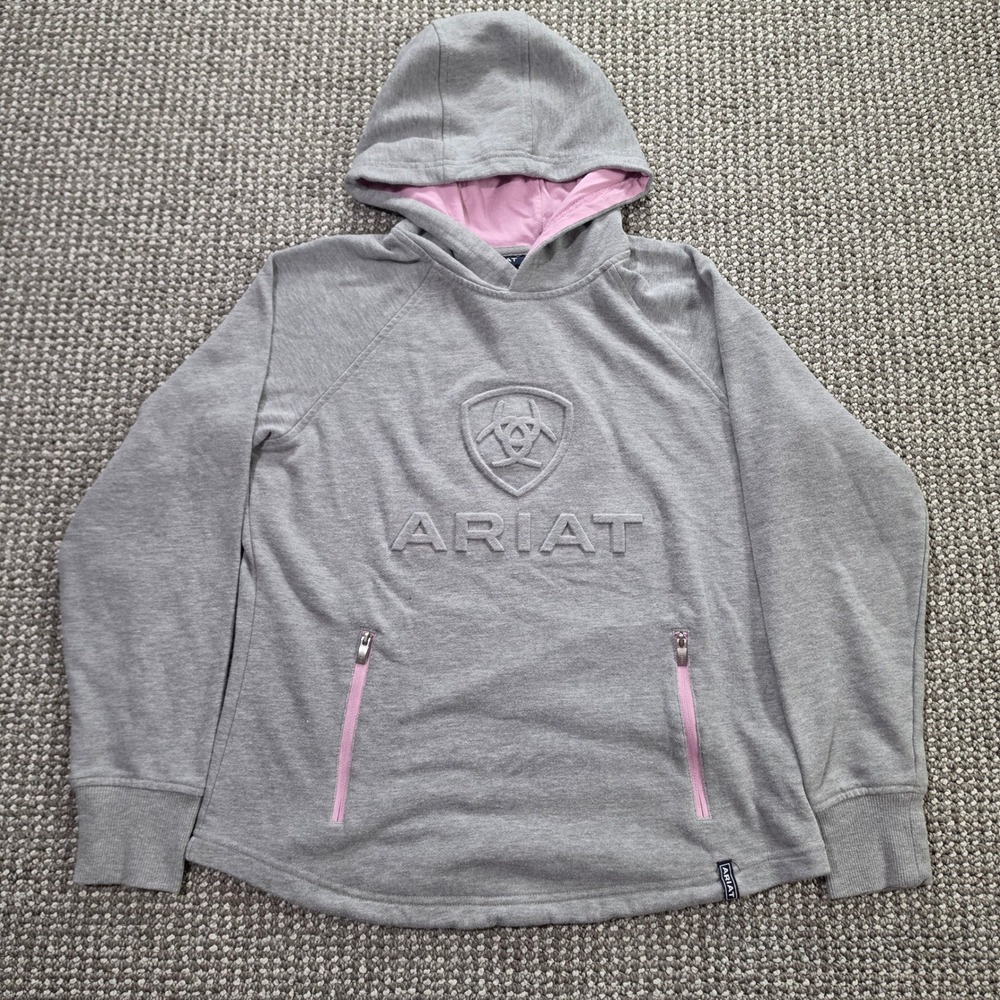 Ariat Hoodie Women Medium Embossed Logo Grey Pink Accents Pullover Sweatshirt 3D